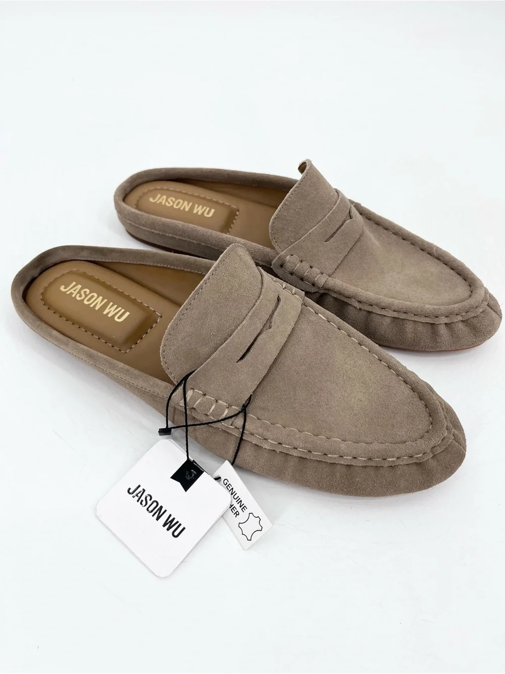 NWT Jason Wu Meeky Neutral Taupe-Beige Suede Penny Loafer Slip-On Mules Size  9
